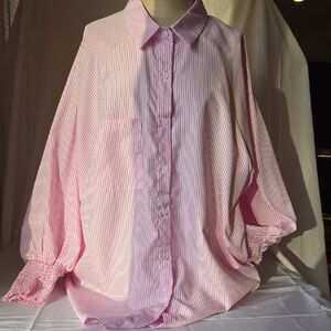 Women's Striped Print Button Front Frill Trim Raglan Sleeve Shirt. Pink/White
